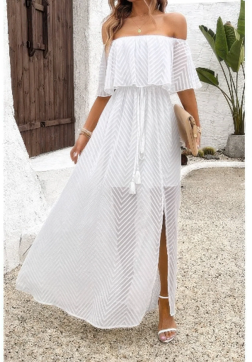 Off Shoulder Solid Tassel Ruffle Trim Split Dress Deal