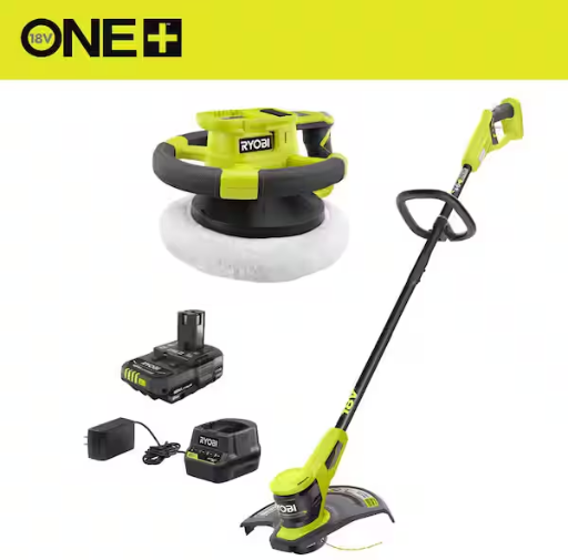 RYOBI ONE+ 18V 13 in. Cordless Battery String Trimmer and 10 in. Random Orbit Buffer with 2.0 Ah Battery & Charger Deal