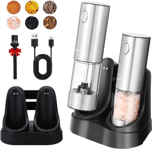 Electric Salt and Pepper Grinder Set with Charging Base