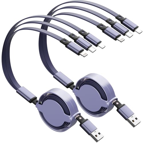 IDISON 2-Pack 3.3' Retractable 3-in-1 USB Charging Cable with Lightning, USB-C & Micro USB (Purple)