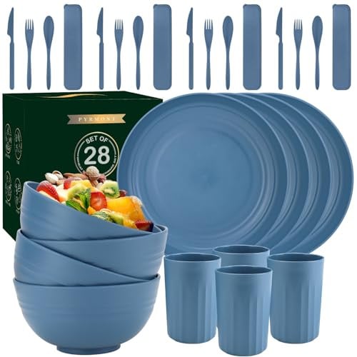 28-Piece Wheat Straw Dinnerware Sets (Navy Blue)