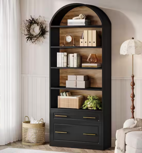BYBLIGHT Eulas 77" Tall Black Engineered Wood 5-Shelf Standard Bookcase with File Cabinet Drawer