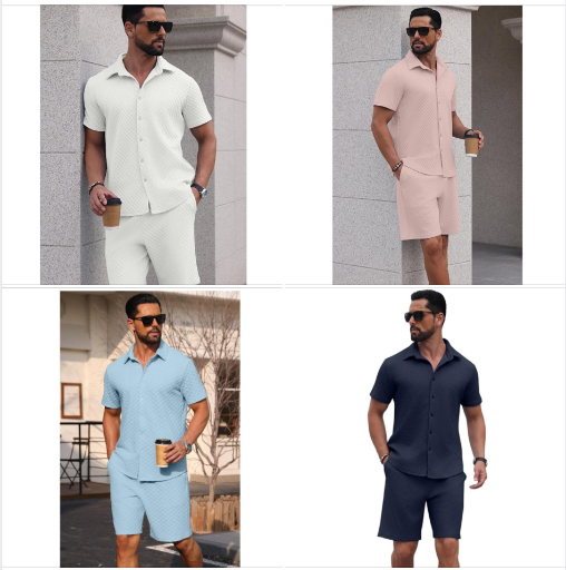 Short Sleeve  Button Down Shirts and Shorts Set with Pockets - 2 Pieces  Deal