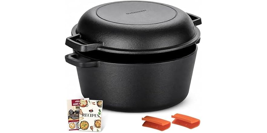 Overmont 5-Quart Pre-Seasoned Cast Iron Double Dutch Oven with Skillet Lid Deal