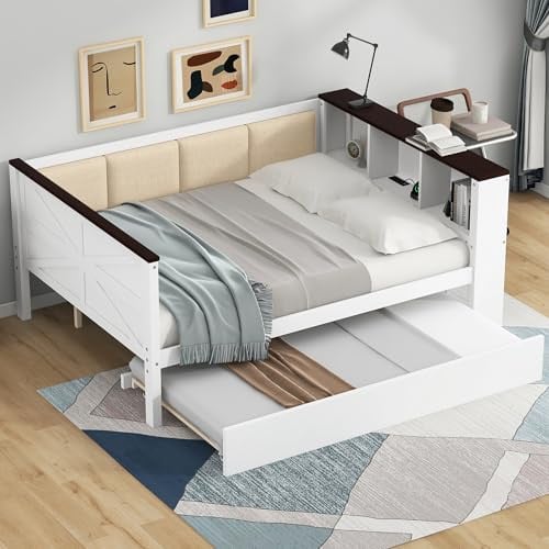 GDFStudio Farmhouse Full Size Daybed with Trundle and Storage Shelves
