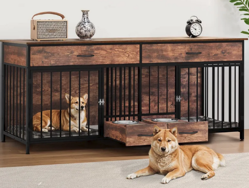 Yitahome 75" Wooden Heavy Duty Dog Crate with Drawers for 2 Dogs