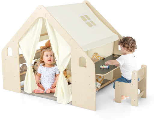 57" Costway 6-in-1 Kids Indoor Wooden Playhouse Tent