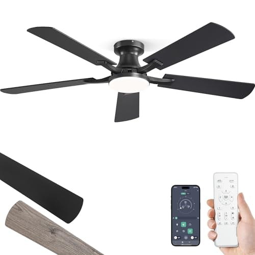 ZMISHIBO 52 Inch Black Flush-Mount Ceiling Fan w/ Light, Remote + App Control Deal