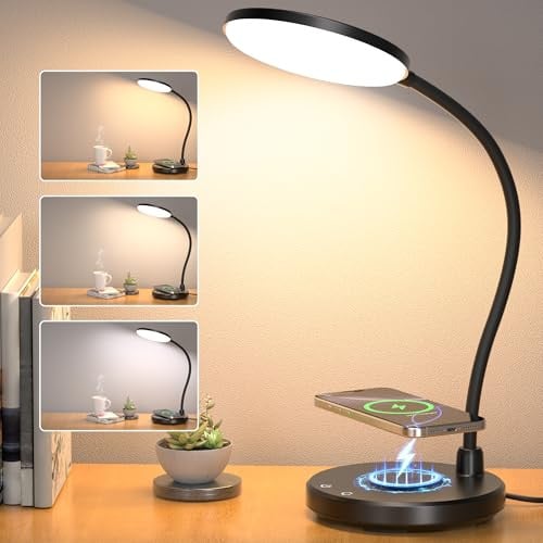 Desk Lamp with Wireless Charger, Dimmable 3 Color Modes