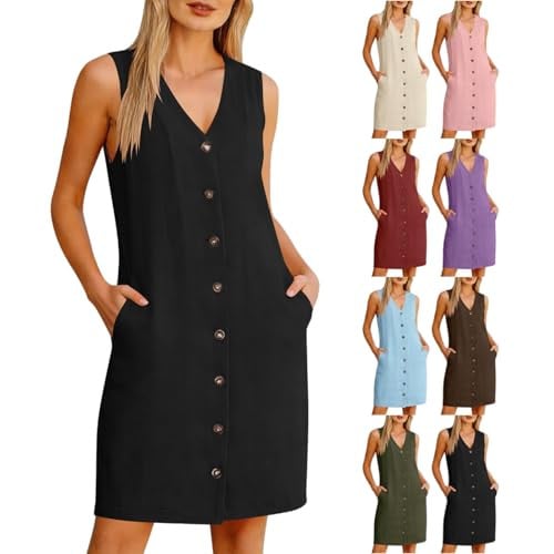  V Neck Button Down Sleeveless Midi Summer Dress  Deal