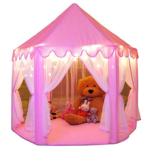 Monobeach Large Kids' Princess Castle Playhouse Tent 55'' x 53'' (Pink w/ Star Lights)