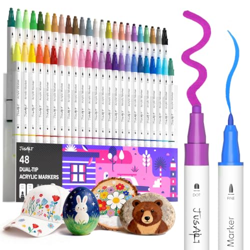 JusArt 48-Count Dual Tip Acrylic Paint Pen Markers (White Barrel)
