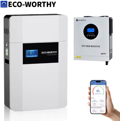 ECO-WORTHY 48V 100Ah Wall-Mount Battery + 5kW Off-Grid Inverter Combo Deal