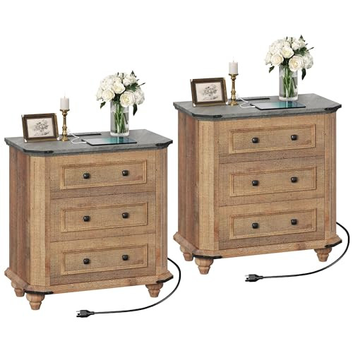 DWVO 29" Farmhouse Nightstand Bedside Table with 3 Drawers & Charging Station 2-Set
