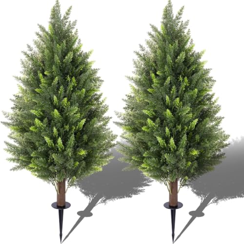 2-Pack 3Ft Artificial Cedar Topiary Trees UV Resistant Shrubs with Spike Deal