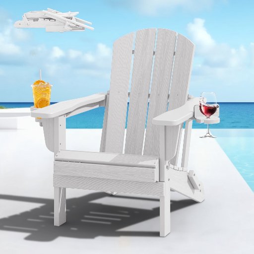 SERWALL Folding Adirondack Chair Set with Dual Cup Holders & Phone Holder, All-Weather HDPE, White
