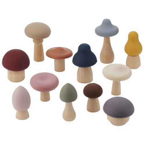 tickit SiliSoft Woodland Mushroom Set, 12 Silicone & Wooden Sensory Play Mushrooms