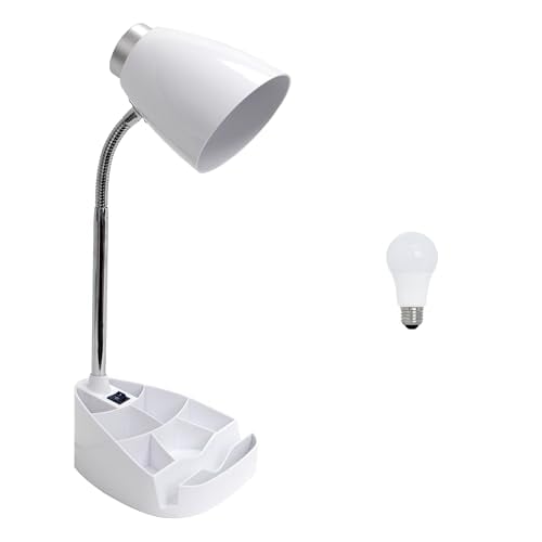 Simple Designs 18.5" Gooseneck Organizer Desk Lamp with iPad Tablet Stand Book Holder with LED Bulb, White