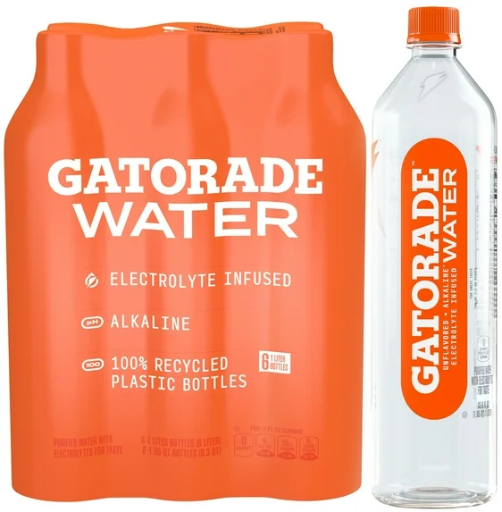 Gatorade Electrolyte Purified Water, Unflavored, 1 Liter Bottles, 6 Pack