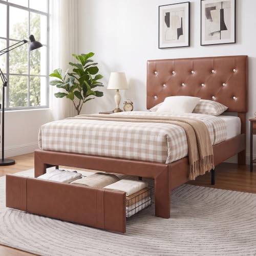 VECELO Twin Size Bed Frame with Storage Drawers, PU & Brown Deal