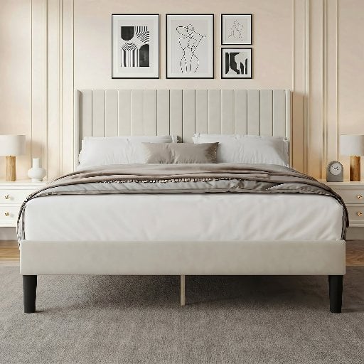 Queen Size Upholstered Platform Bed Frame with Padded Wingback Headboard Deal
