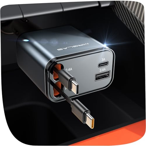 MRGLAS 4-Port 69W Retractable USB-C Car Charger w/ Dual Type C Cables