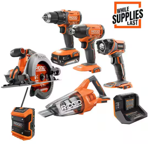 Ridgid 18V Cordless 6-Tool Combo Kit with 2.0 Ah Battery