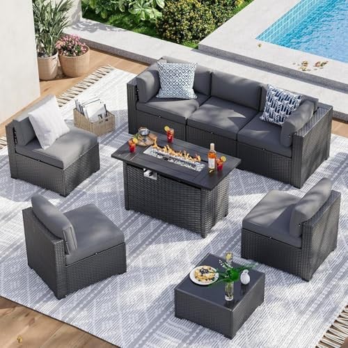 Aoxun 8 Piece Patio Furniture Set with 44” Fire Pit Table