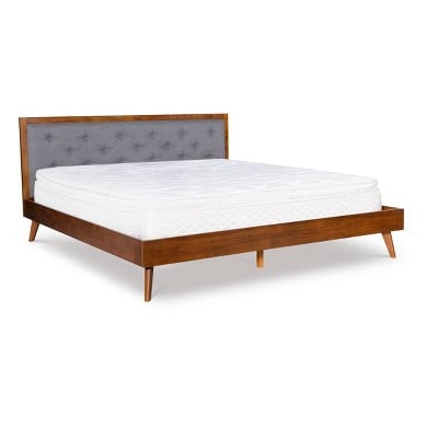 Linon King Reid Mid-Century Platform Bed with Tufted Headboard (Walnut / Grey) Deal