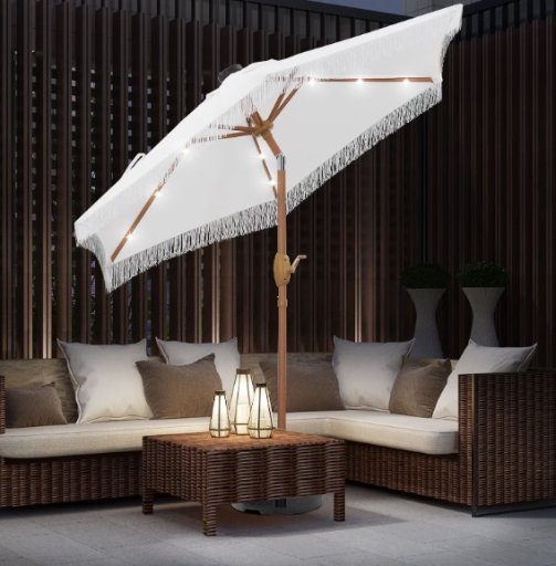 Autlaycil 7.5 ft Patio Umbrella w/ Fringe Tassels & Solar LED Lights