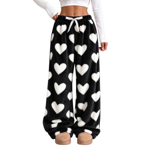 Heart Print Wide Leg Cozy Fuzzy Pajama Pants Deal