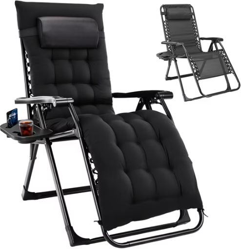 Gianna Zero Gravity Lounge Chair with Adjustable Backrest, Detachable Cushion, Headrest Pillow & Side Tray, Black/Grey Deal