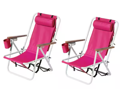 Portable 2-Pack Barbie Pink Steel Folding Adjustable Headrest Beach Chair