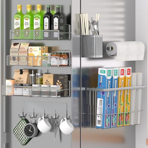 7-Pack Magnetic Spice Rack for Refrigerator w/ Paper Towel Holder, Hook Rack, Utensil Caddy & Cutting Board Holder (Grey)