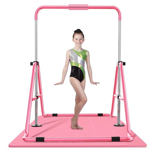 HYD-Parts Kids Adjustable Height Foldable Gymnastics Bar with Mat (Pink)