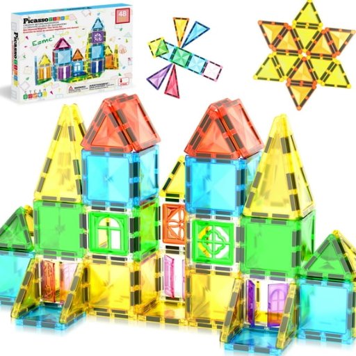 PicassoTiles Mini Magnetic Tiles 48-Piece STEM Construction Building Blocks Travel Toy Set