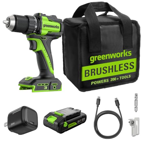 GREENWORKS 24V 1/2" Brushless Cordless Drill with 2.0Ah USB-C Batteries