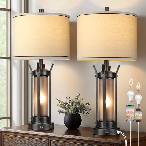 QiMH Rustic Industrial Farmhouse Table Lamps with USB-A & USB-C Charging Ports 2-Pack Deal