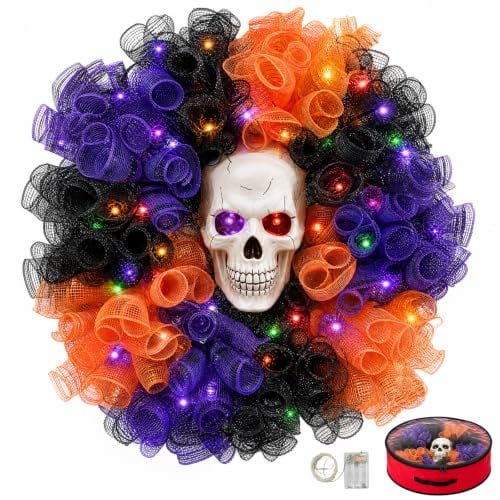Wizcave 24 in Halloween Wreath with Skull and Color-Changing Lights Deal