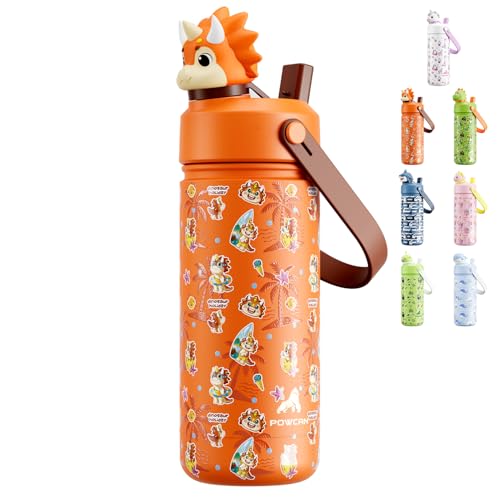 POWCAN 18 oz Kids Insulated Water Bottle with 2-in-1 Straw Spout Lid