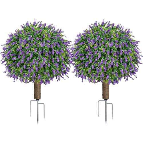 24.7" Artificial Boxwood Topiary Ball Trees with Lavender Set of 2 Deal