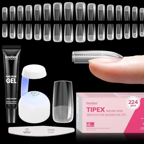 Beetles 224-Piece Tipex Instant Apex Soft Gel Clear Press On Nail Kit w/ UV Lamp & Gel Glue (Square or Coffin) Deal