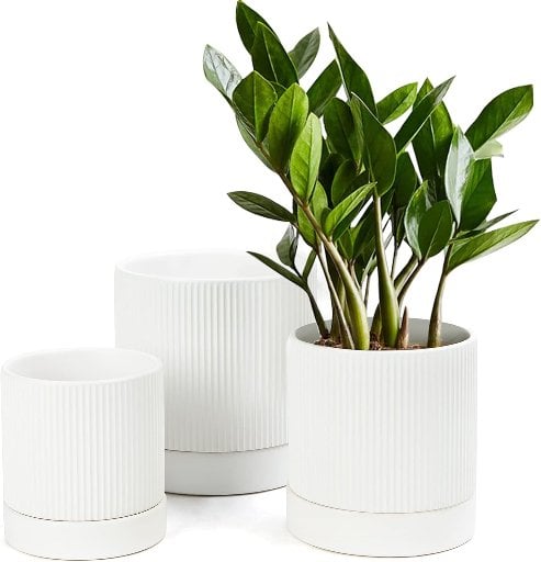 LaDoVita Ceramic Plant Pots 3-Pack 6"/5"/4" with Drainage Holes & Trays (White Vertical Stripes) Deal