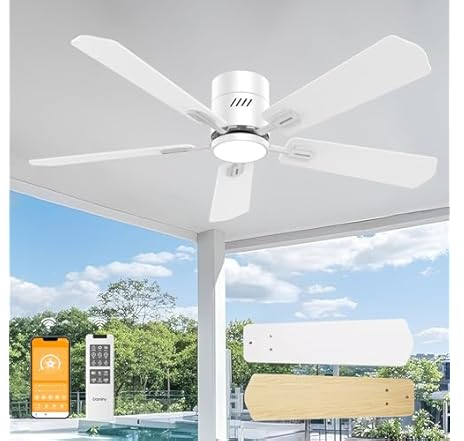 DAMINY 52" 5-Blade White Ceiling Fan with Light, Flush Mount, 6CCT, DC Motor, Remote, Indoor/Outdoor