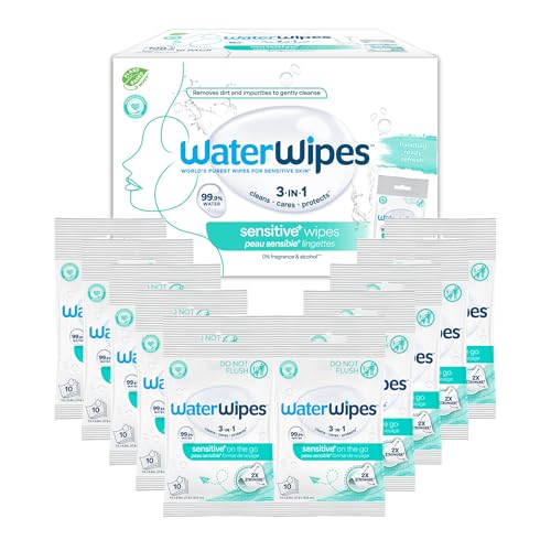 WaterWipes Sensitive+ Unscented Facial Wipes, 10-Pack 100-Count