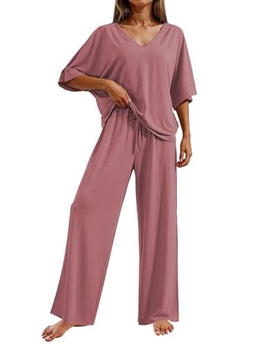 Ekouaer Lounge Sets for Women Short Sleeve V Neck Tops Long Pants Comfy Pajama Sets 2 Piece Outfits Tracksuit, Purple Red, M