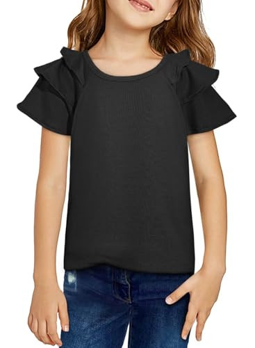 Girls Ruffle Sleeve Shirts Summer Cute Crewneck Blouse Tops 6-15 Years