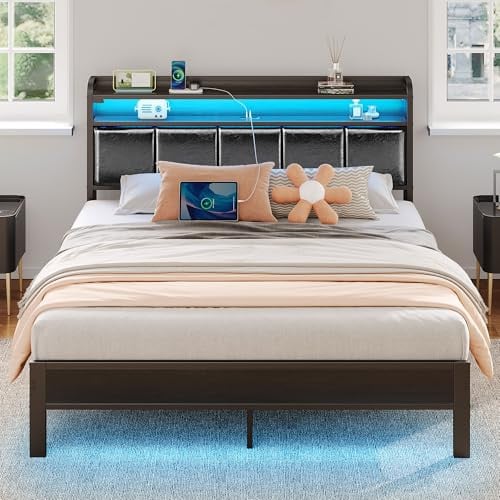 Rolanstar Queen Bed Frame - LED, Charging Station, PU Leather, Storage, Heavy-Duty, Black Deal