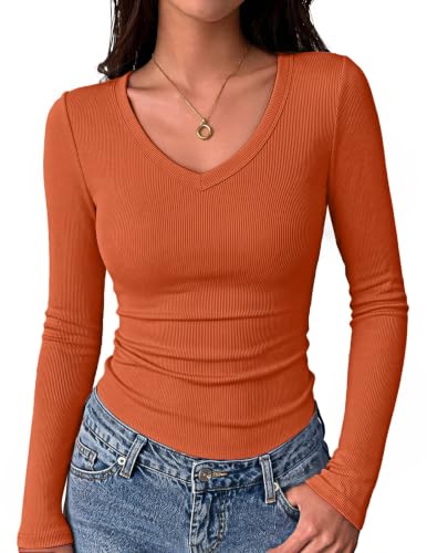 Zeagoo Womens V Neck Long Sleeve Ribbed Fitted Tops Deal