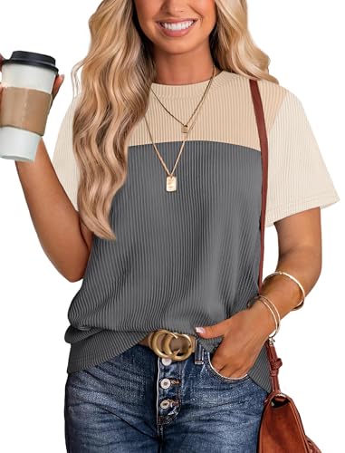 Color Block Short Sleeve Shirts Womens Trendy WTS9200 Deal